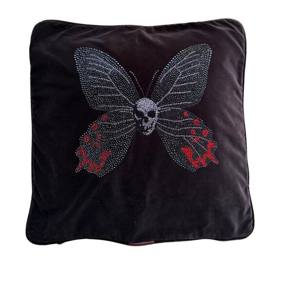 Chocolate Brown Velvet Swarovski Skull Butterfly Pillow Cover (Red Accents) – 20 - Picture 1 of 3